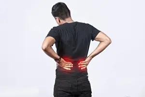 Back Health And Wellness Drucke: People with spine problems, man with back problems on isolated background