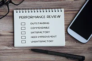 Performance Appraisal Checklist Drucke: Performance appraisal checklist on notepad with with office setting background