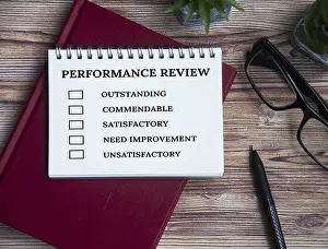 Performance Appraisal Checklist Drucke: Performance appraisal checklist on notepad with with office setting background