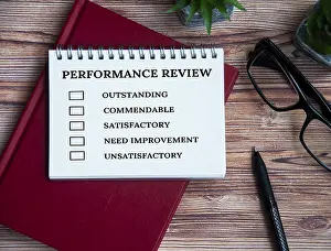 Performance Appraisal Checklist Drucke: Performance appraisal checklist on notepad with with office setting background