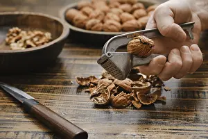 Ecological Awareness Drucke: A person uses a nutcracker to open a walnut in a kitchen