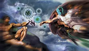 Drucke von PHOTOMONTAGE, Komposition, Coronavirus-Übertragung, Michelangelo, Schöpfung Adams mit Roboterhand und -kopf, Deutschland Kunstwerke Des Surrealismus Drucke: PHOTOMONTAGE, Komposition, Übertragung des Coronavirus