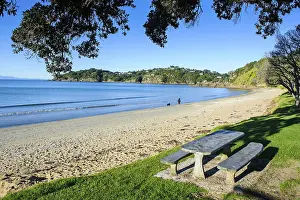 Blue Sky Sandy Beach Drucke: Picknick table on Oneroa beach