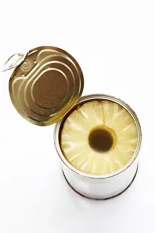 Studio Shot Of Pineapple Drucke: Pineapple slices in an opened tin