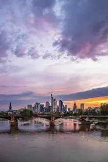 Hesse Germany Evening Atmosphere Drucke: Pink sunset over the river Main