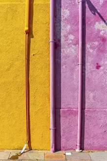 Burano Island Drucke: Pink and yellow wall with gutter and cable