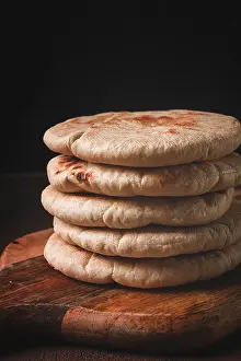 Grocery Store Food Still Life Drucke: Pita bread, stack, on the table, no people