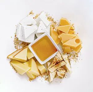 White Background Dessert Drucke: Plate with different types of cheese