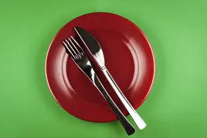 Food Photography Studio Still Life Drucke: Plate with knife and fork on green table