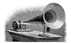 Black And White Vintage Image Drucke: Playback gramophone with large bell
