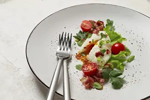 Poached Egg Drucke: Poached egg, with bacon and vegetables