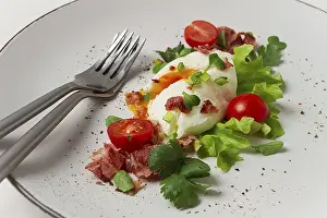 Poached Egg Drucke: Poached egg, with bacon and vegetables