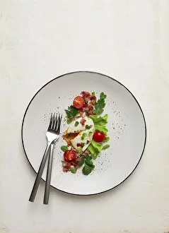 Poached Egg Drucke: Poached egg, with bacon and vegetables