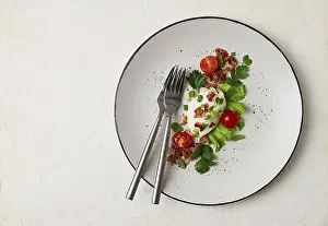 Poached Egg Drucke: Poached egg, with bacon and vegetables