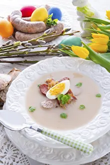 Eastern European Cuisine Drucke: Polish Easter soup with egg and sausage