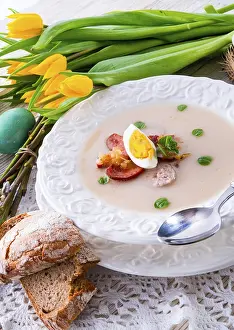 Eastern European Cuisine Drucke: Polish Easter soup with egg and sausage