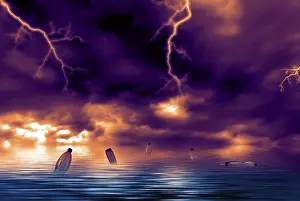 Environmental Pollution Drucke: Polluted ocean with lightning and dark clouds
