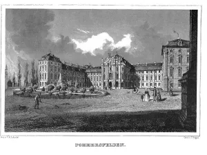 Bavarian Castle Drucke: Pommersfelden, drawing of Lebschee