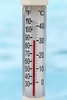 Summer Swimming Pool Scene Drucke: Pool thermometer showing 30 degrees Celsius