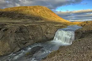 Volcanic Rock Waterfalls Europe Drucke: Pornfoss Waterfall, evening light