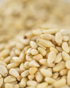 Rustic Food Style Drucke: Portion of fresh Pine Nuts (close-up shot)
