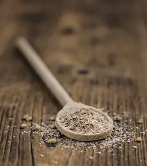 European Breakfast Food Drucke: Portion of healthy Wheat Bran (selective focus)