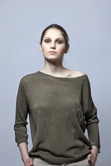 Studio Shot Fashion Drucke: Portrait of slender model posing in modern clothes