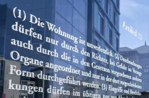 Abandoned City Buildings Europe Drucke: Basic Law 49, glass wall with articles from the Basic Law