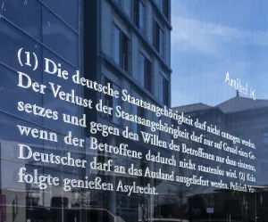 German Government Buildings Drucke: Basic Law 49, glass wall with articles from the Basic Law