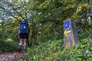 Mountain Climbing In Europe Drucke: Pilgrim and shell walking on the path