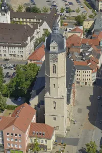 View From Above Historic City Center Drucke: Stadtkirche St. Michael, Jena, Thuringia