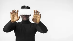 City Architecture Drucke: Technology man using virtual reality headset front view