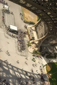Summer In Paris France Drucke: Top view of visitors standing in a queue under the Eiffel Tower
