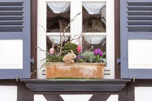 Half Timbered Building Exterior Drucke: Window with Easter decoration