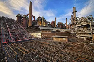 Industrial Monument Germany Drucke: Powerful industrial complex with old structures and neglected chimneys