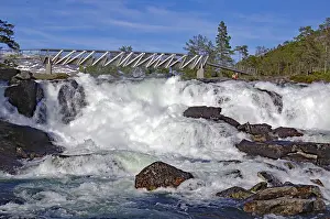 Western Norway Landscape Drucke: Powerful waterfall with a bridge over it