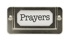 White Background Label Drucke: Prayers file drawer label isolated on a white background