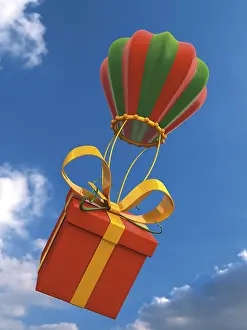 Colorful Computer Graphics Drucke: A present is attached to a balloon in the air