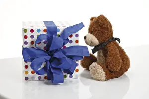 Birthday Present Drucke: Present with a ribbon and a teddy bear