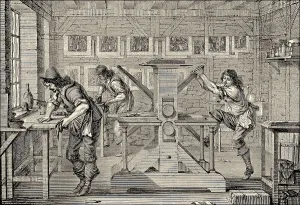 Old Print Shop Equipment Drucke: A printer for copperplate engravings in the 17th century