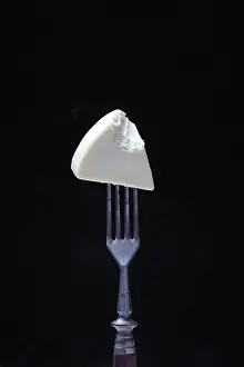 Grocery Store Dairy Products Drucke: Processed cheese on fork, bitten into