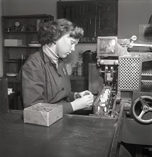 Black And White Factory Scene Drucke: Producing postage stamps in the 1950s