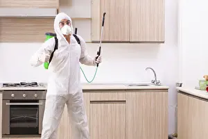 Flying Insect Extermination Drucke: Professional contractor doing pest control at kitchen