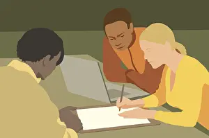 Professional Collaboration Drucke: Three professionals engage in a brainstorming session