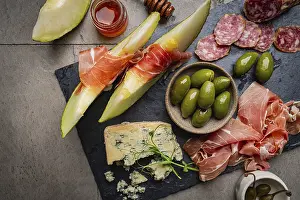 Cheese Platter Ideas Drucke: Prosciutto ham, slices of melon