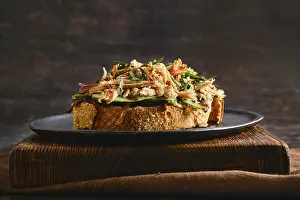 Gourmet Picnic Food Drucke: Pulled pork on top of a slice of toast with caramelized onions
