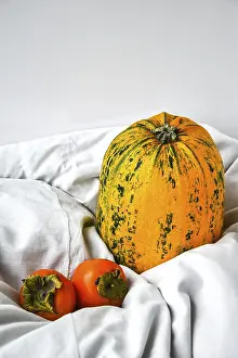Exotic Fruit Photography Drucke: Pumpkin on white clothes background