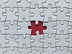 Patience Required Puzzles Drucke: A puzzle with a missing piece revealing a red section