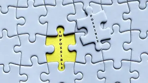 Copy Space For Text Overlay Drucke: Puzzle with a piece that transforms impossible to possible against a yellow background