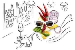 Drucke von Ein ungewöhnliches Lebensmittel-Konzept in Form einer kubistischen Frauenfigur mit Sonnenbrille auf einem Block aus Früchten und Gemüse, schematischer Hintergrund Kunstwerke Des Surrealismus Drucke: Unconventionelle Lebensmittelidee in Form eines kubistischen Frauenkopfes mit Sonnenbrille in einem Block Obst und
